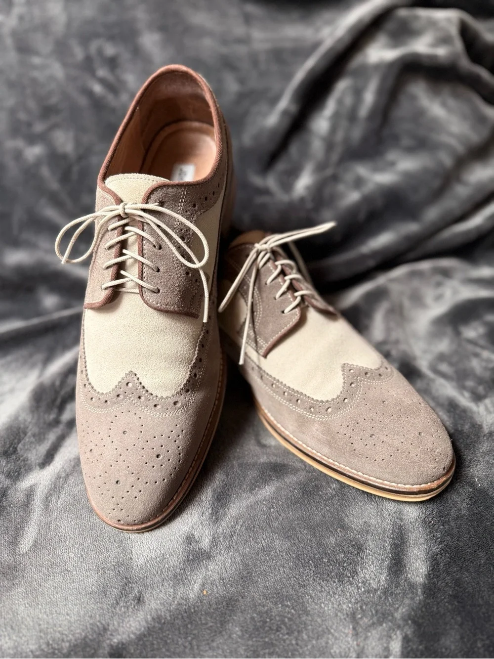 Two-Tone Taupe Suede Brogue Derby Shoes - Lace-Up